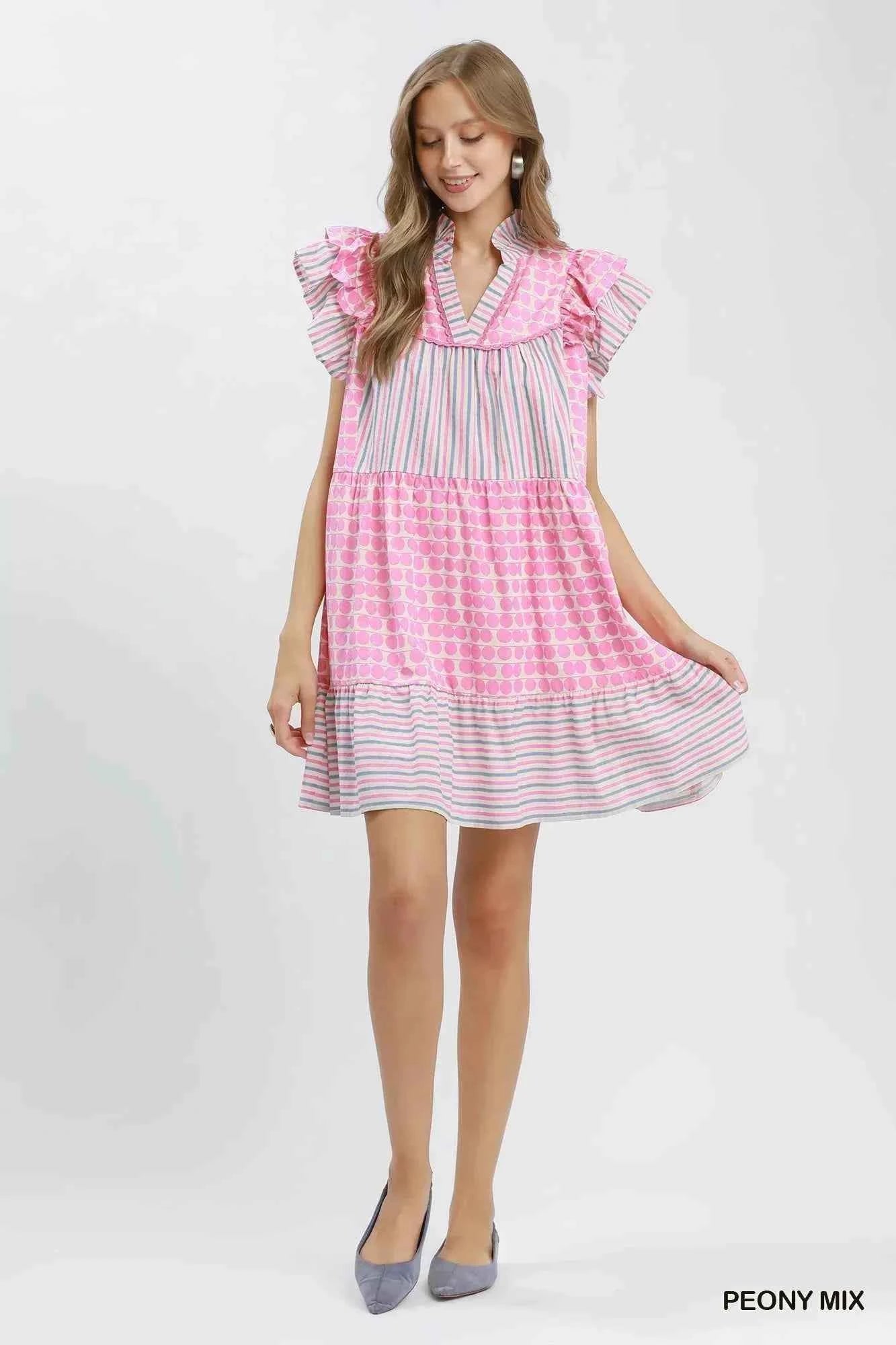 Peony Pink Patchwork Flutter Sleeve Tiered Dress by Umgee