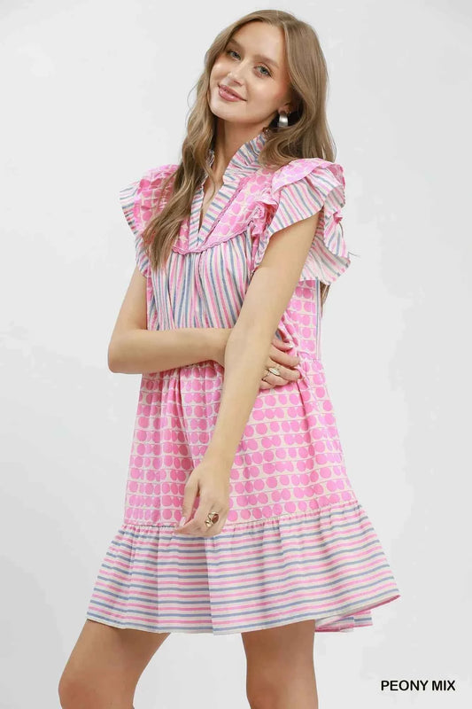 Peony Pink Patchwork Flutter Sleeve Tiered Dress by Umgee