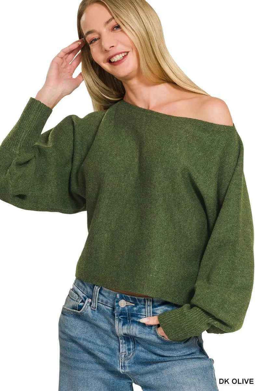 Dark Olive Boat Neck Balloon Sleeve Sweater by Zenana