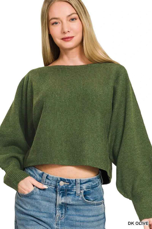 Dark Olive Boat Neck Balloon Sleeve Sweater by Zenana
