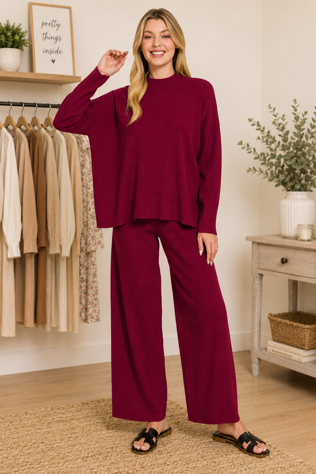 Cabernet Ribbed Viscose Sweater Top & Pants Lounge Set by Zenana