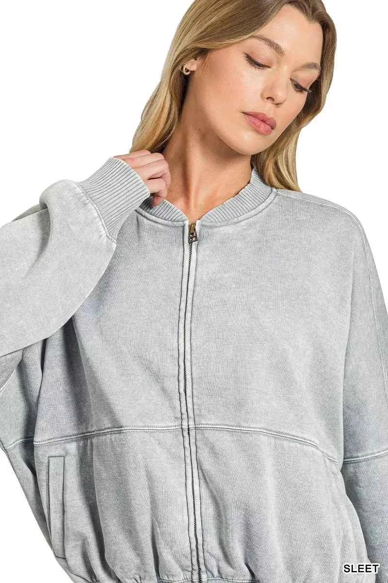 Sleet Acid Wash Fleece Bomber Jacket by Zenana
