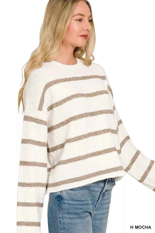 Heather Mocha Striped Wool Blend Sweater by Zenana