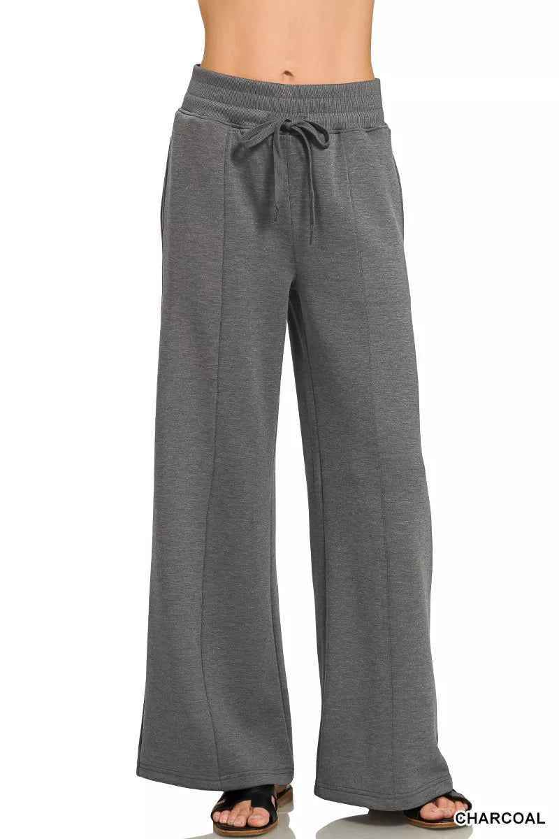 Charcoal Scuba Collared Short Sleeve Pullover & Center Seam Pants Set | Zenana