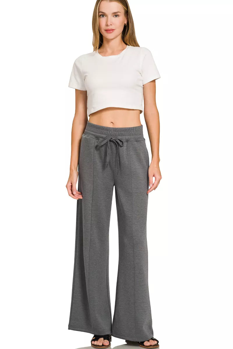 Charcoal Scuba Collared Short Sleeve Pullover & Center Seam Pants Set | Zenana