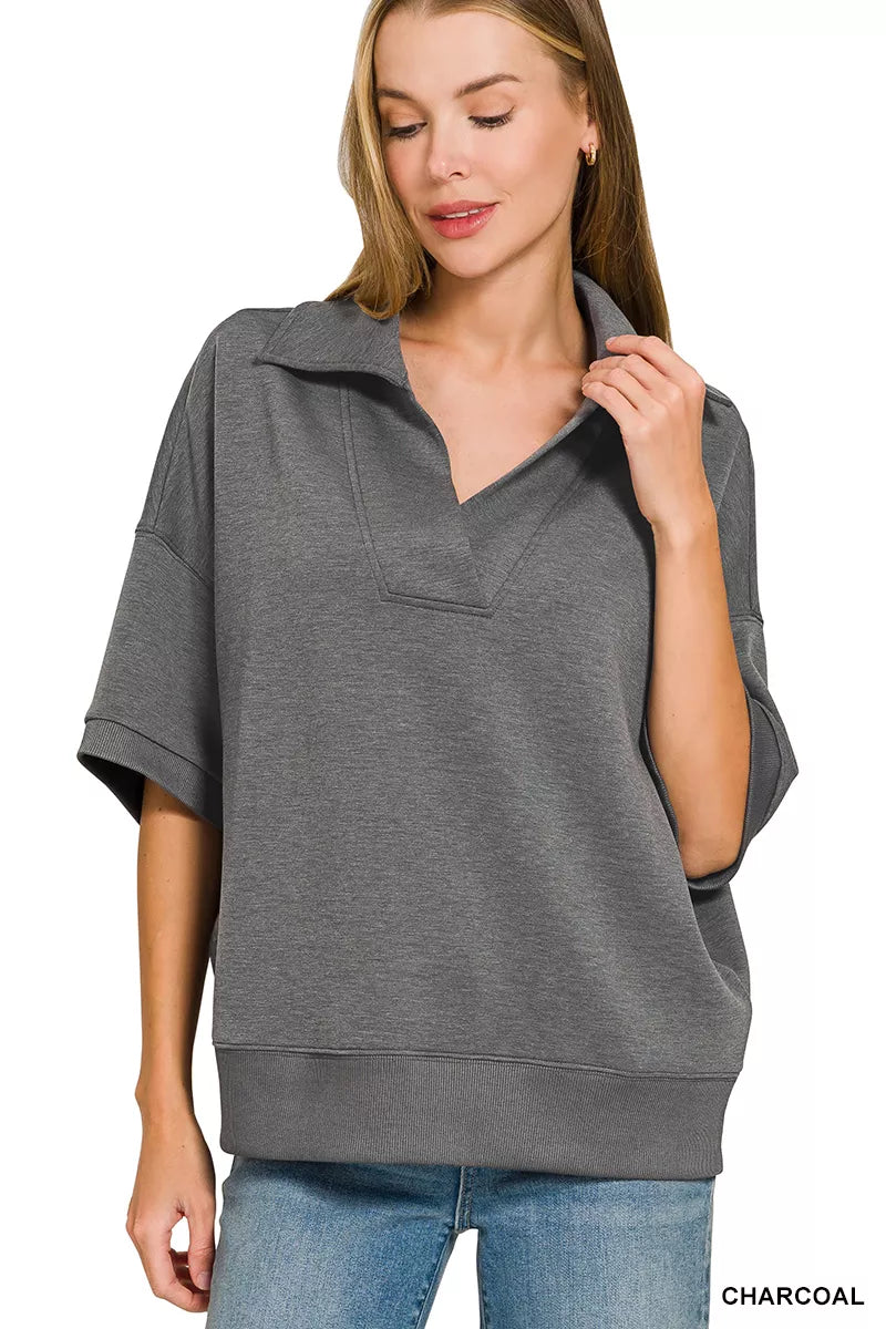 Charcoal Scuba Collared Short Sleeve Pullover & Center Seam Pants Set | Zenana