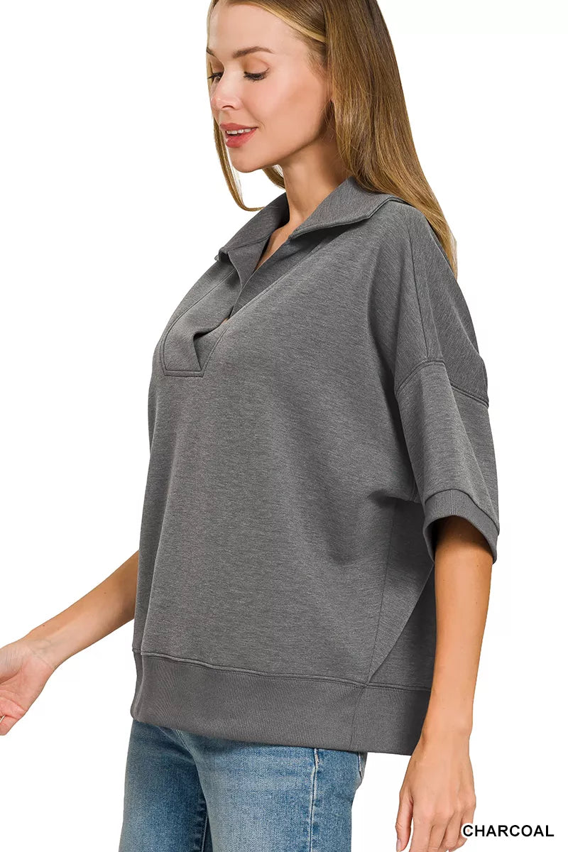 Charcoal Scuba Collared Short Sleeve Pullover & Center Seam Pants Set | Zenana