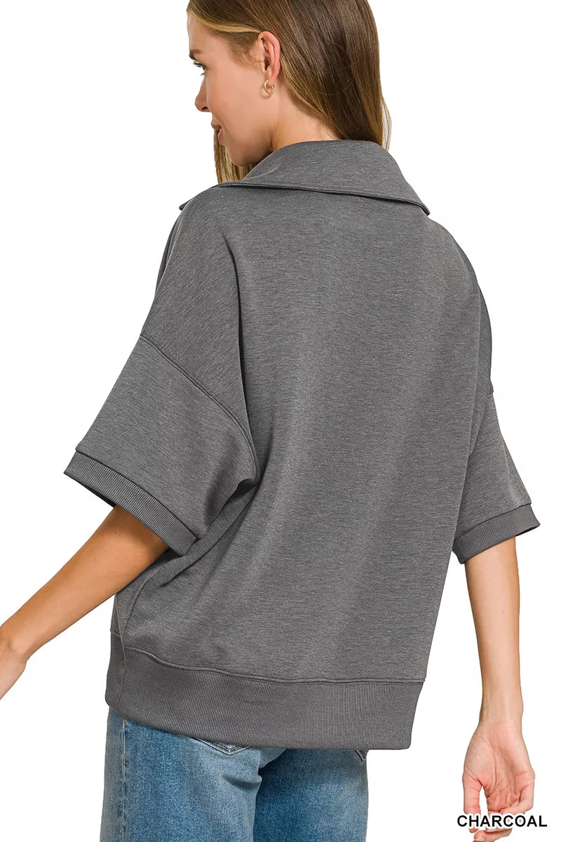 Charcoal Scuba Collared Short Sleeve Pullover & Center Seam Pants Set | Zenana
