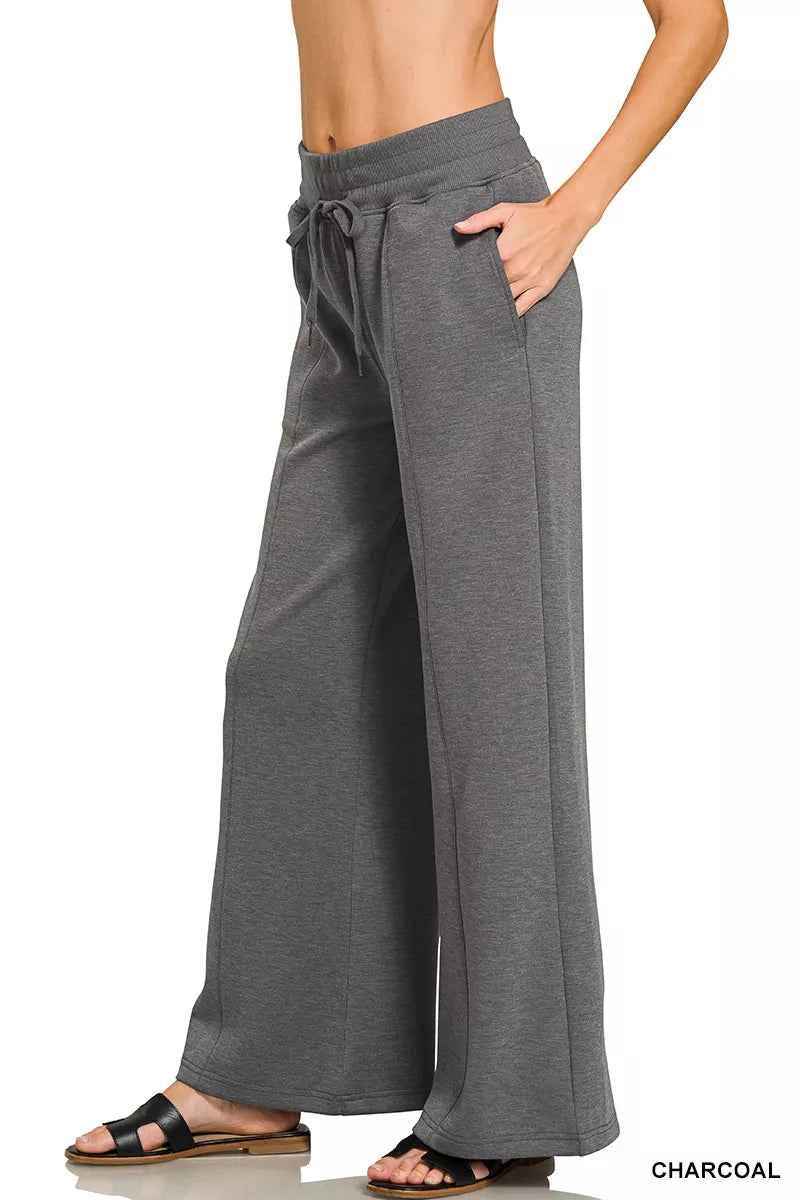 Charcoal Scuba Collared Short Sleeve Pullover & Center Seam Pants Set | Zenana