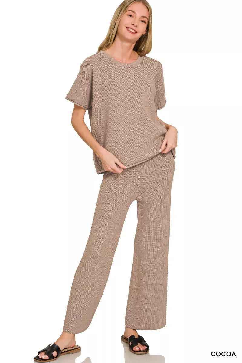 Cocoa Ribbed Knit Two-Piece Lounge Set with Pockets by Zenana