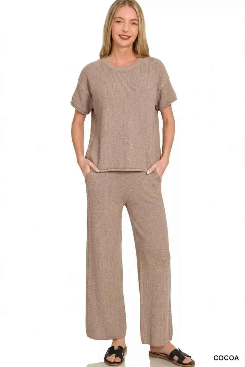 Cocoa Ribbed Knit Two-Piece Lounge Set with Pockets by Zenana