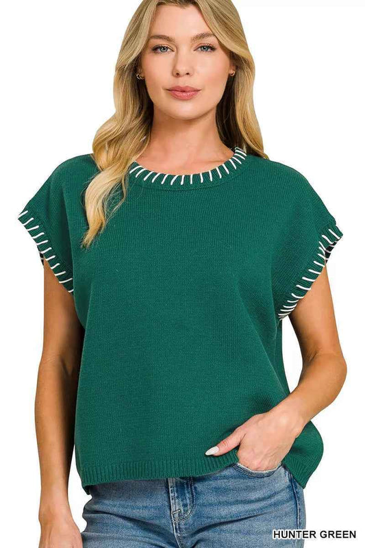 Hunter Green Contrast Stitch Oversized Knit Sweater Top by Zenana