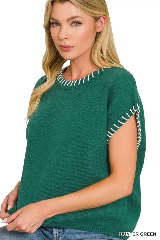 Hunter Green Contrast Stitch Oversized Knit Sweater Top by Zenana