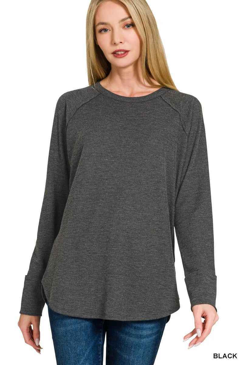 Black Baby Waffle Long Sleeve Top by Zenana