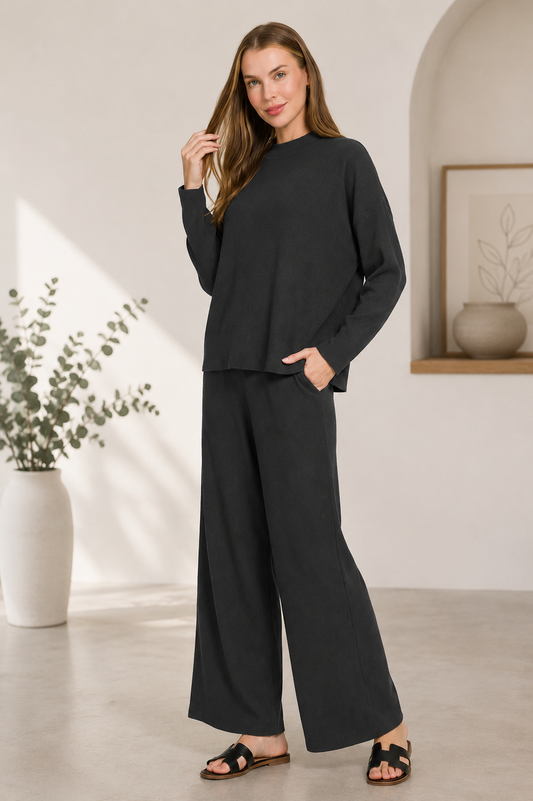 Black Ribbed Viscose Sweater & Wide Leg Pant Set by Zenana