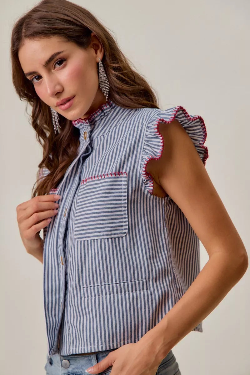 Blue & Red Stripe Twill Stitch Ruffled Hidden Button Vest Top by SO ME