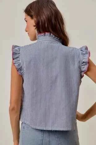 Blue & Red Stripe Twill Stitch Ruffled Hidden Button Vest Top by SO ME
