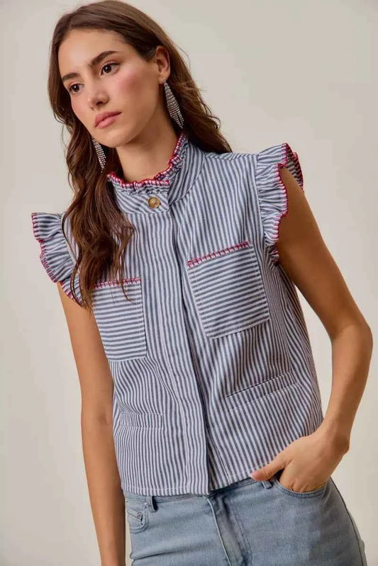 Blue & Red Stripe Twill Stitch Ruffled Hidden Button Vest Top by SO ME
