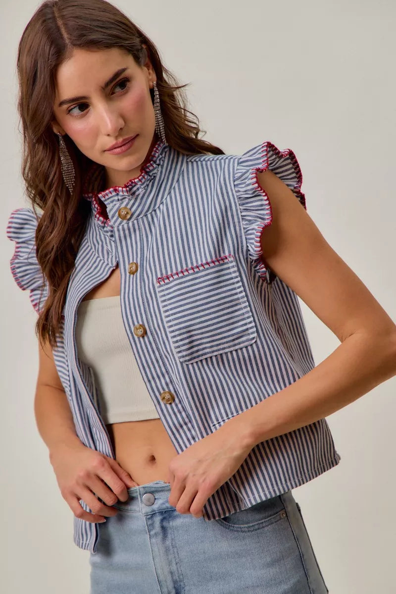Blue & Red Stripe Twill Stitch Ruffled Hidden Button Vest Top by SO ME