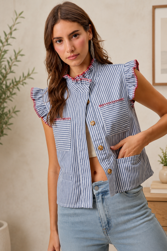 Blue & Red Stripe Twill Stitch Ruffled Hidden Button Vest Top by SO ME