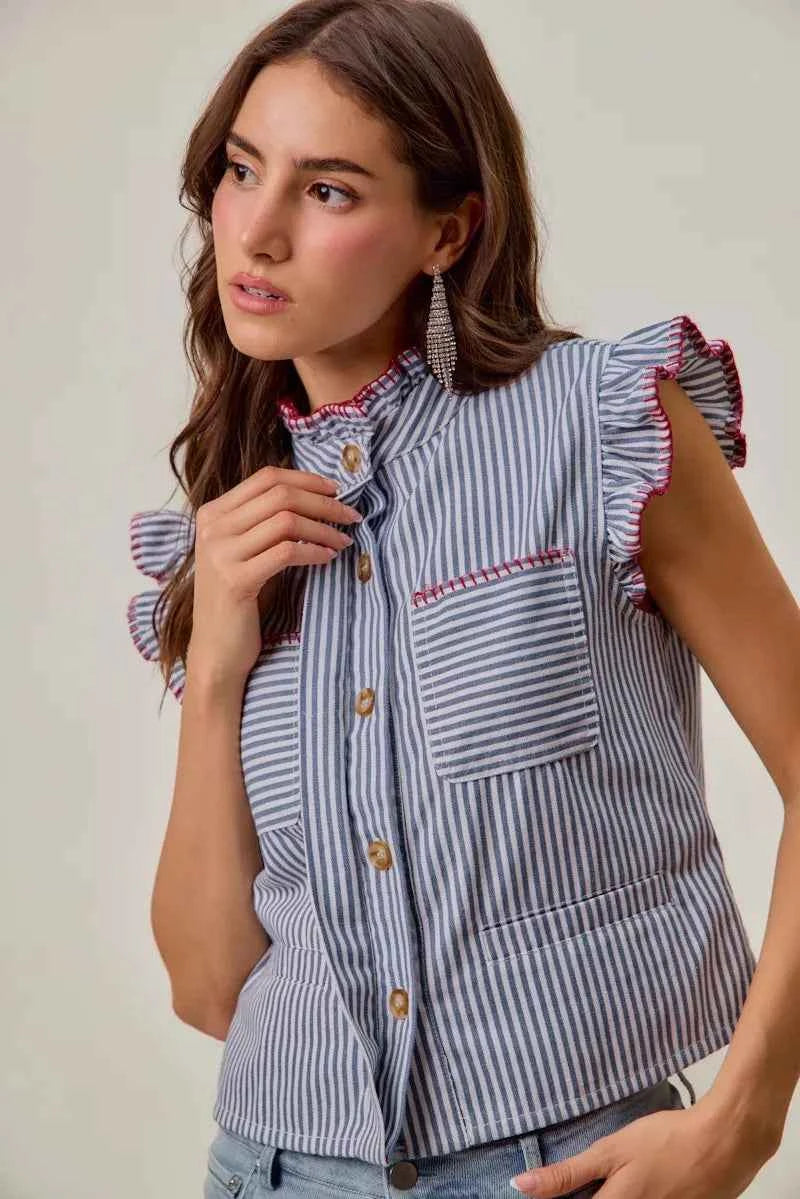 Blue & Red Stripe Twill Stitch Ruffled Hidden Button Vest Top by SO ME