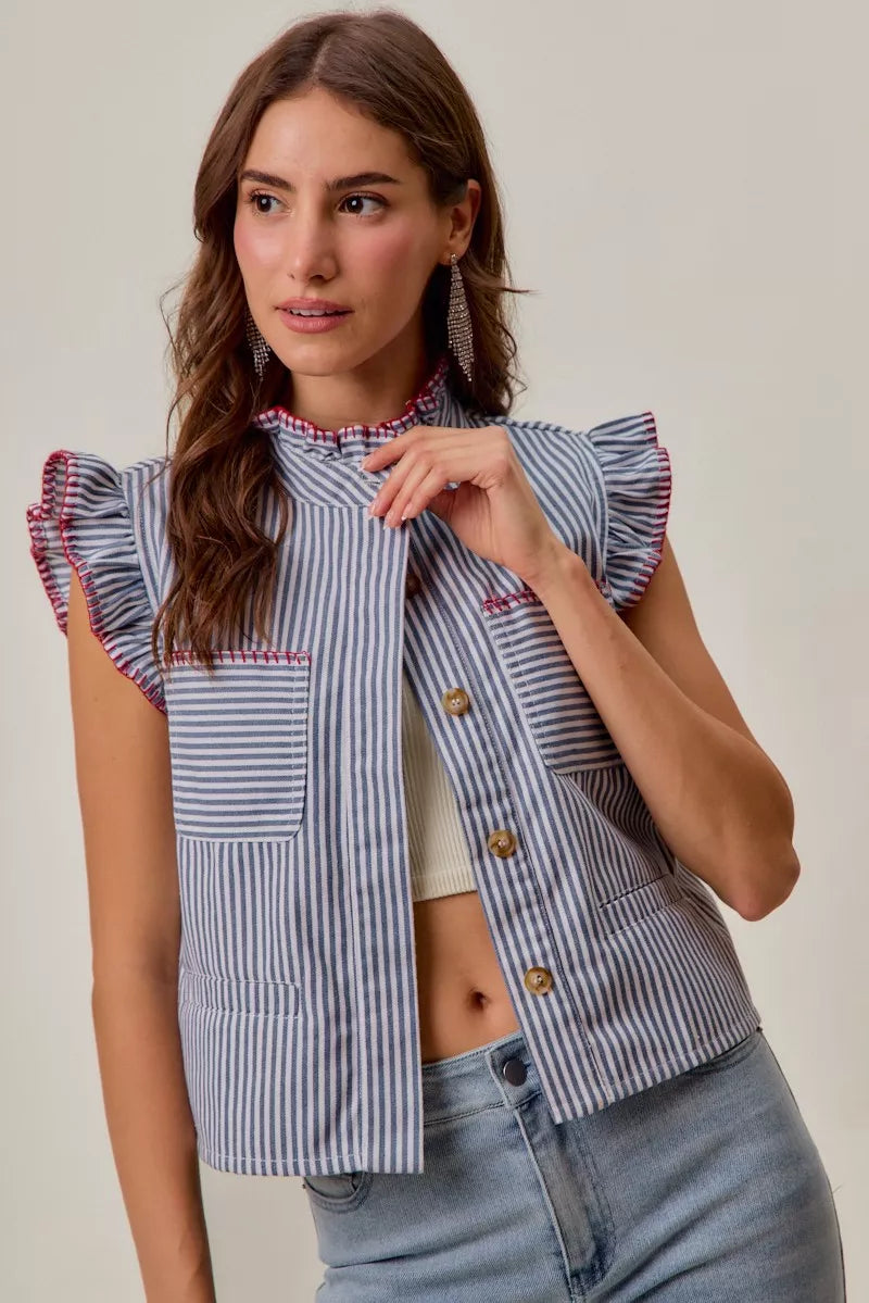 Blue & Red Stripe Twill Stitch Ruffled Hidden Button Vest Top by SO ME