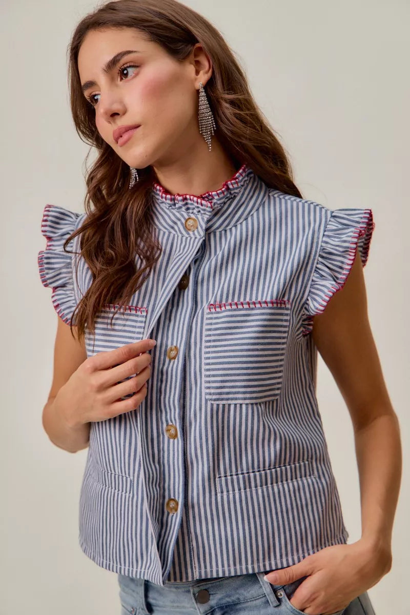 Blue & Red Stripe Twill Stitch Ruffled Hidden Button Vest Top by SO ME