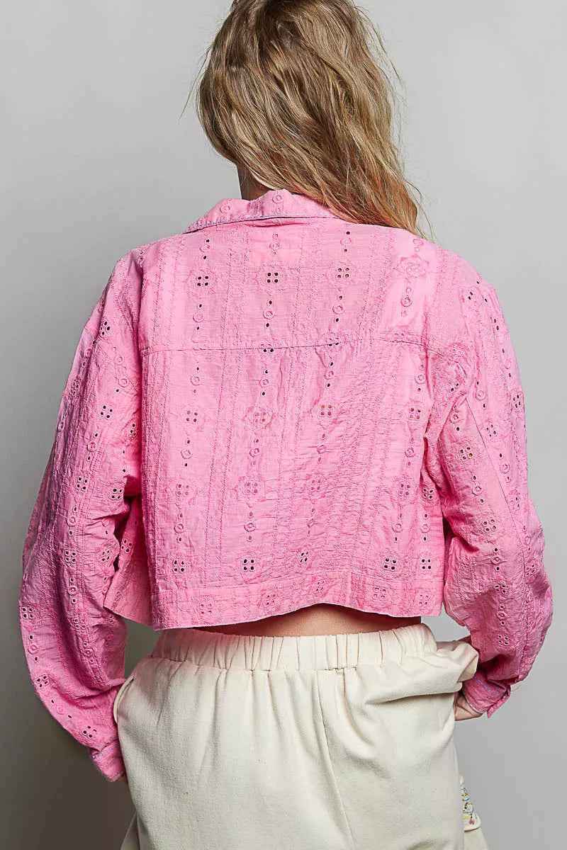 Candy Pink Eyelet Textured Cotton Cropped Button-Front Jacket by POL