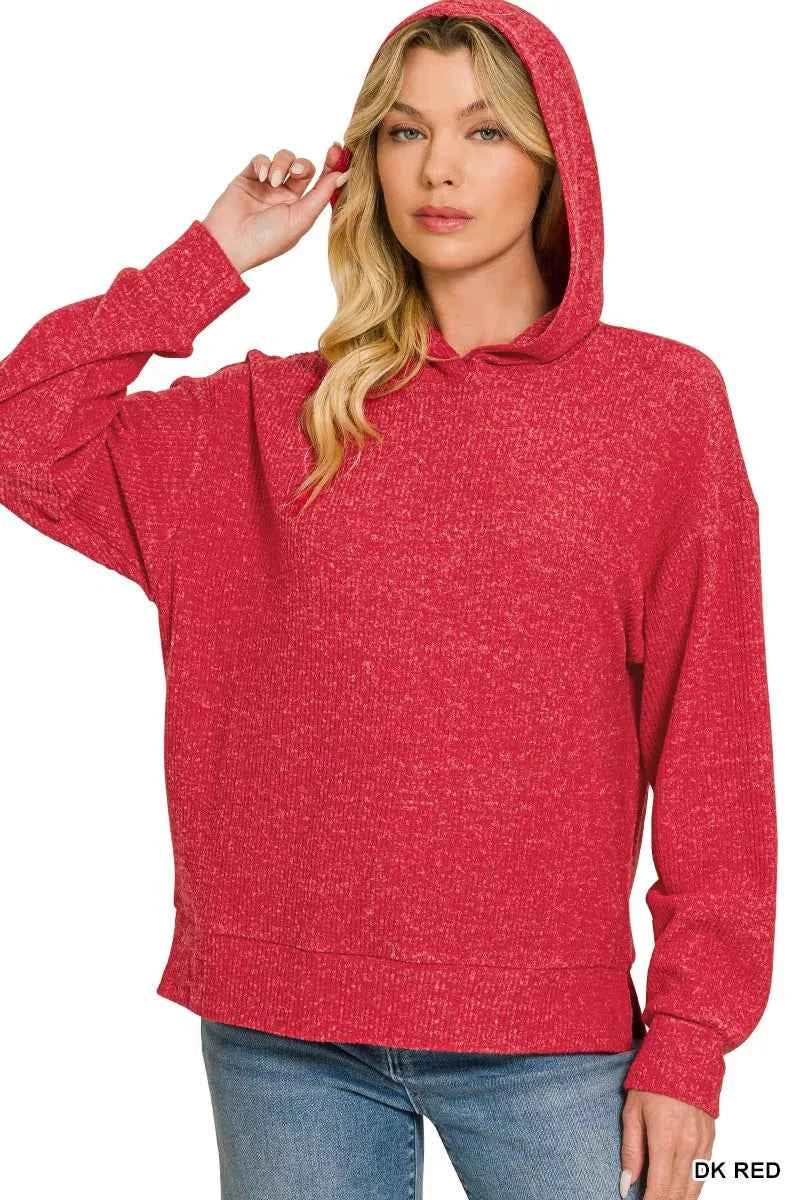 Dark Red Brushed Ribbed Hacci Hoodie Pullover by Zenana