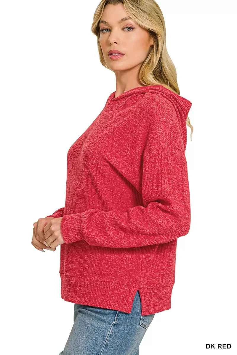 Dark Red Brushed Ribbed Hacci Hoodie Pullover by Zenana