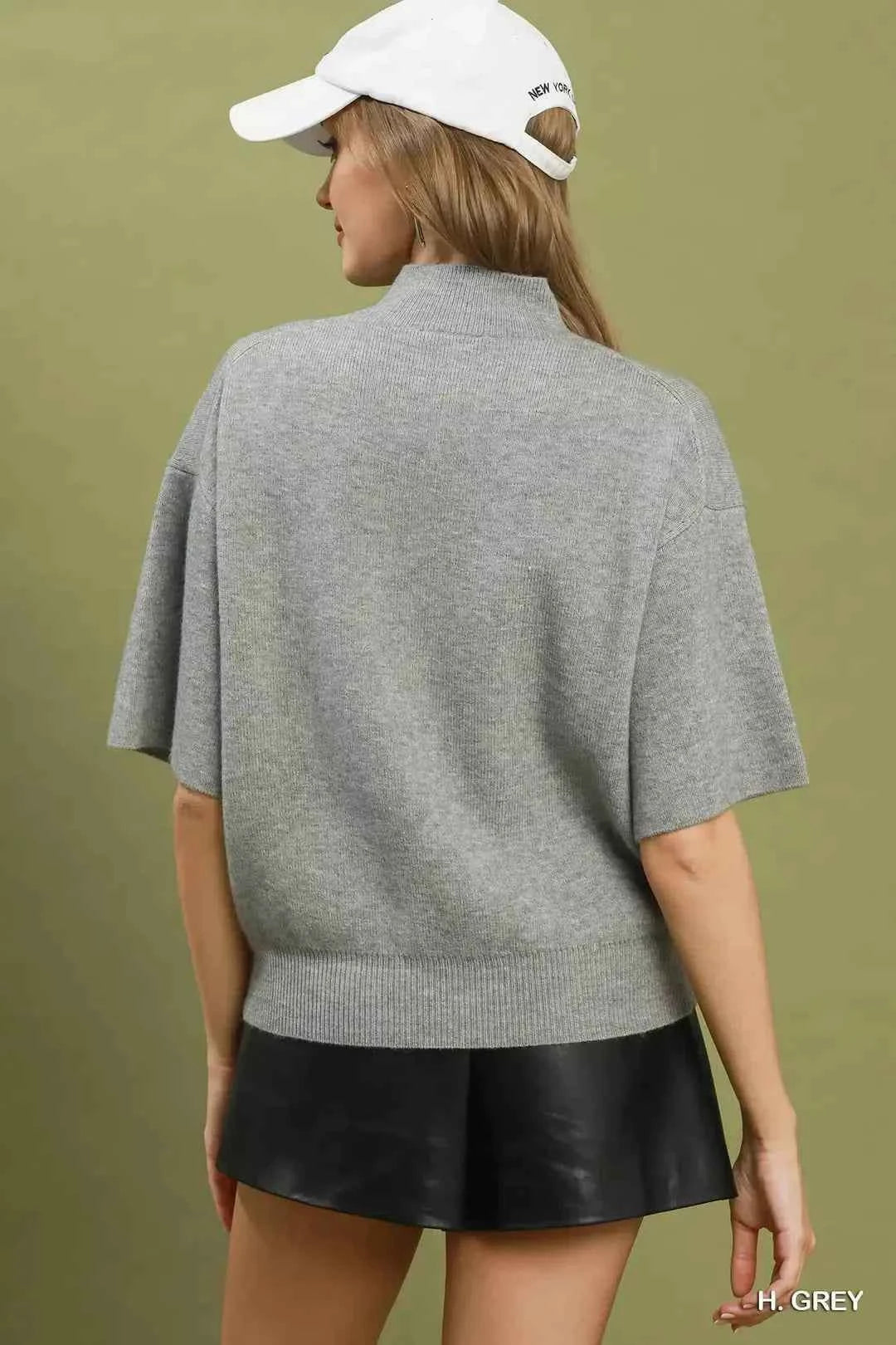 Heather Grey Mock Neck Short Sleeve Knit Sweater Top by Umgee
