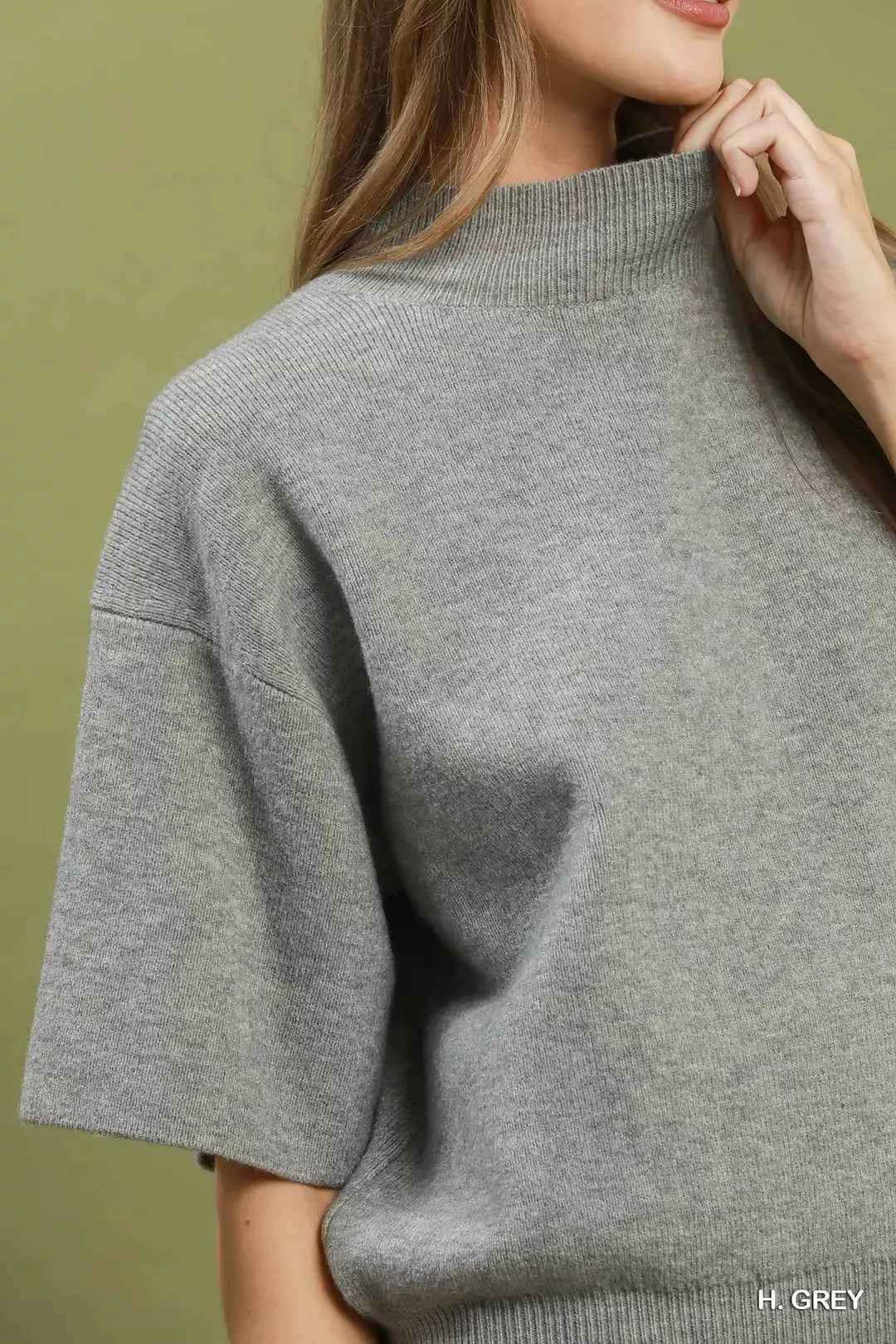 Heather Grey Mock Neck Short Sleeve Knit Sweater Top by Umgee