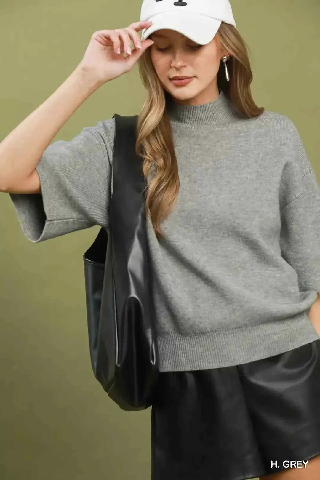 Heather Grey Mock Neck Short Sleeve Knit Sweater Top by Umgee