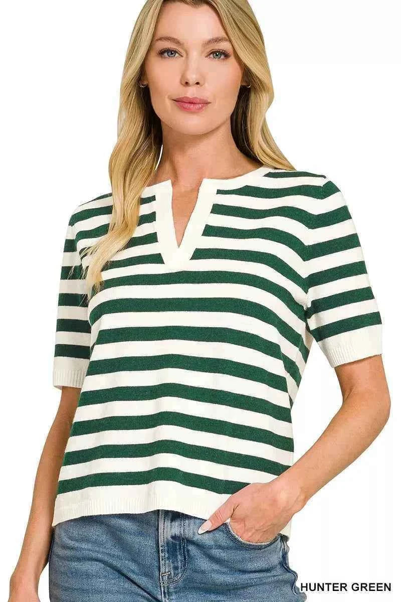 Hunter Green Split Neck Stripe Short Sleeve Sweater Top by Zenana