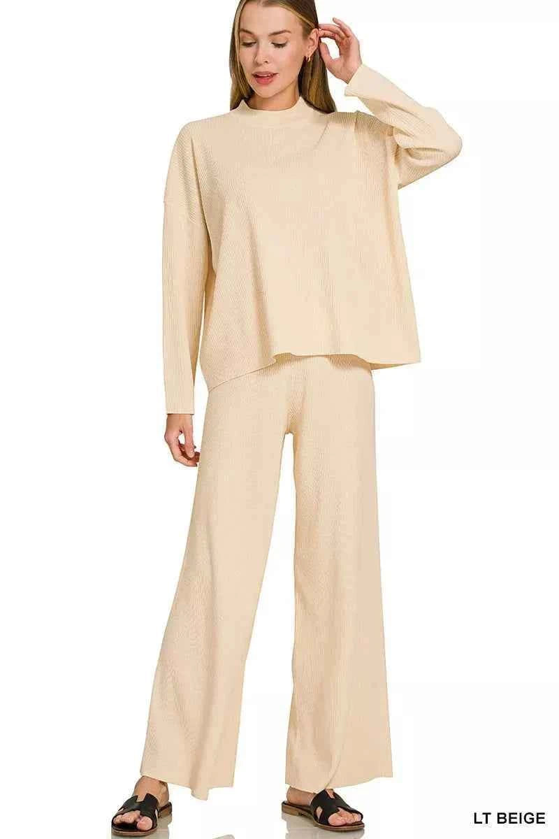 Light Beige Ribbed Viscose Sweater Top & Pants Set by Zenana