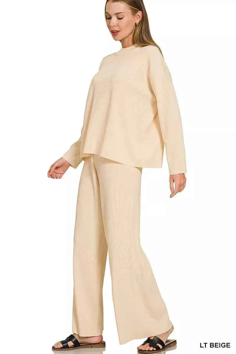 Light Beige Ribbed Viscose Sweater Top & Pants Set by Zenana