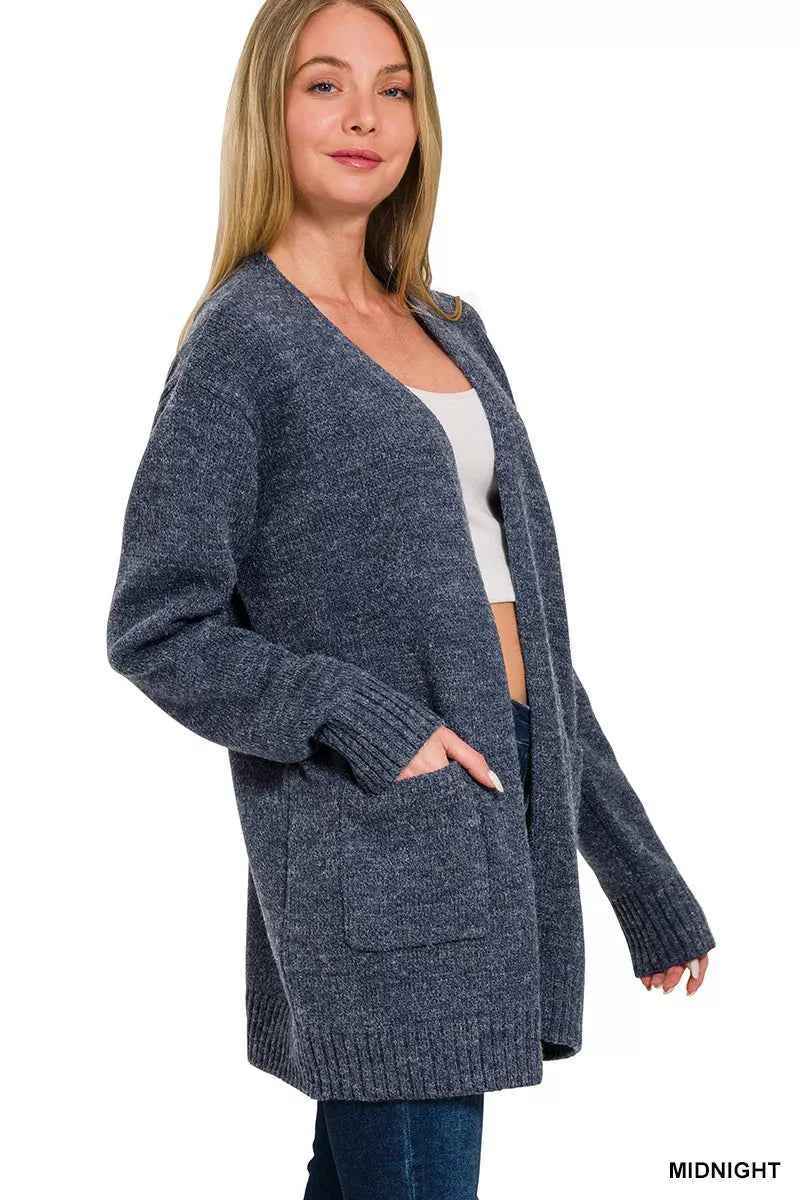 Midnight Blue Open Front Sweater Cardigan by Zenana