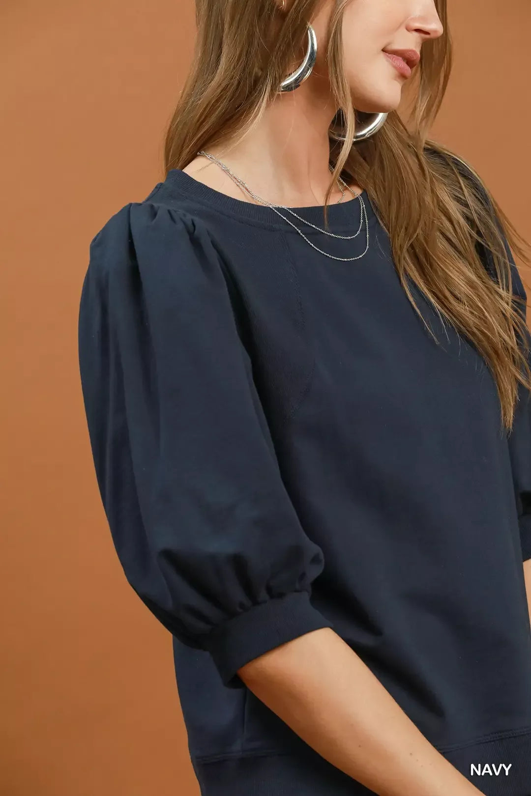 Navy Puff Sleeve Round Neck Sweatshirt by Umgee