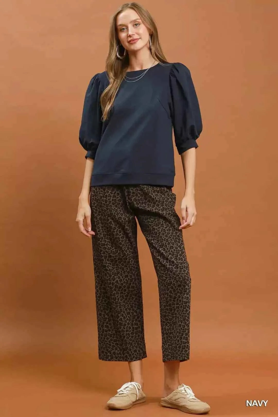 Navy Puff Sleeve Round Neck Sweatshirt by Umgee