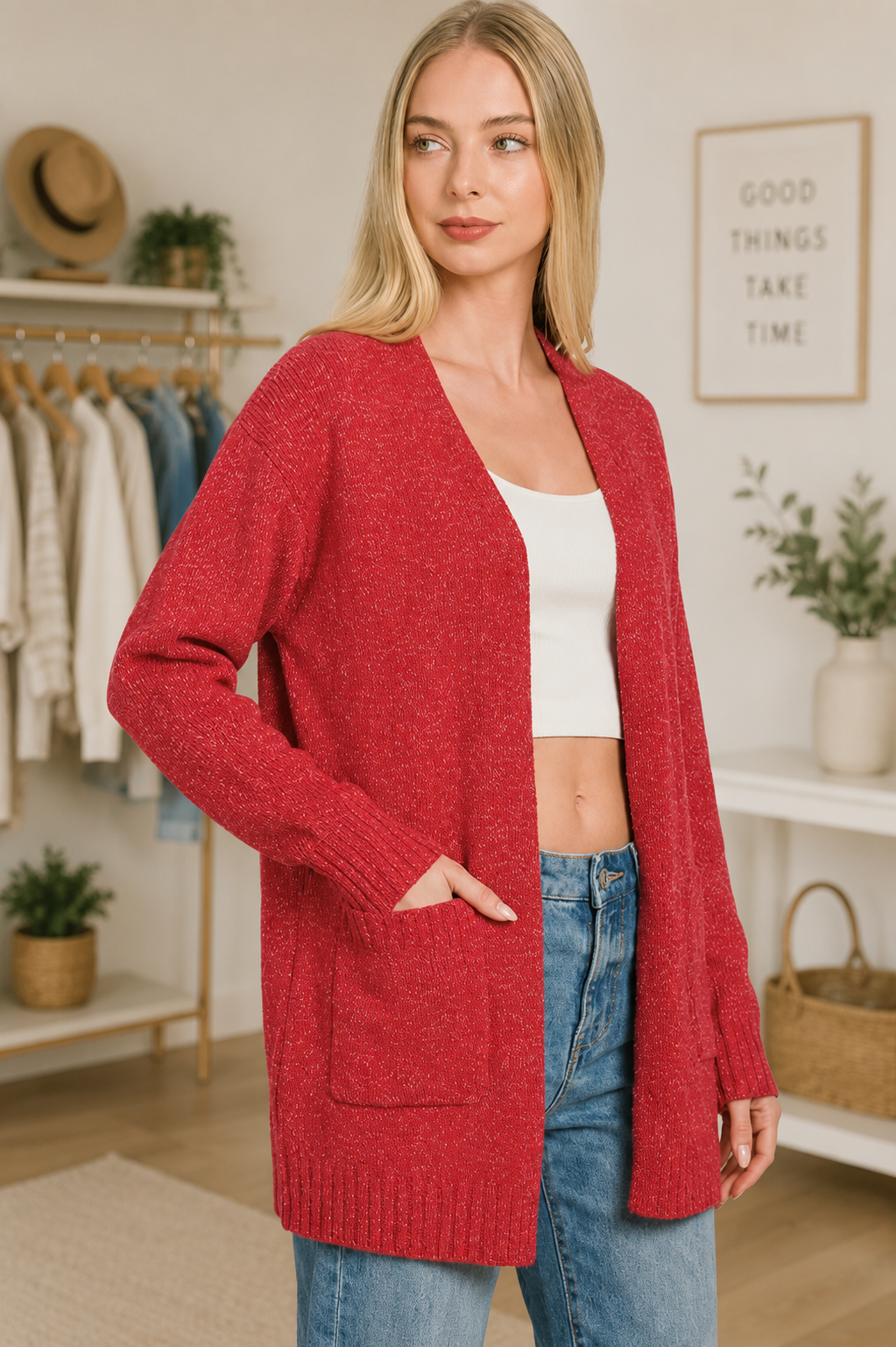 Ruby Red Open Front Sweater Cardigan by Zenana