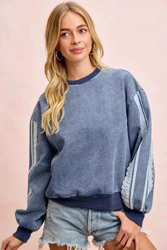 Washed Denim Lace Contrast Sided Sweatshirt by BiBi