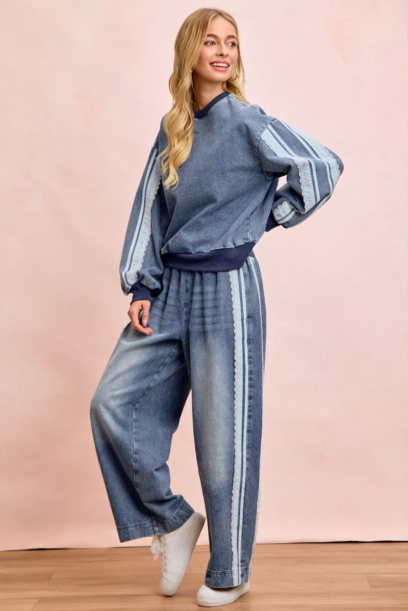 Washed Denim Lace Contrast Sided Sweatshirt by BiBi