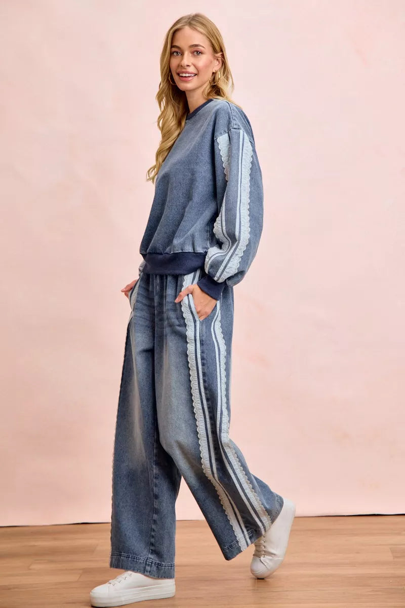 Washed Denim Lace Contrast Sided Sweatshirt by BiBi