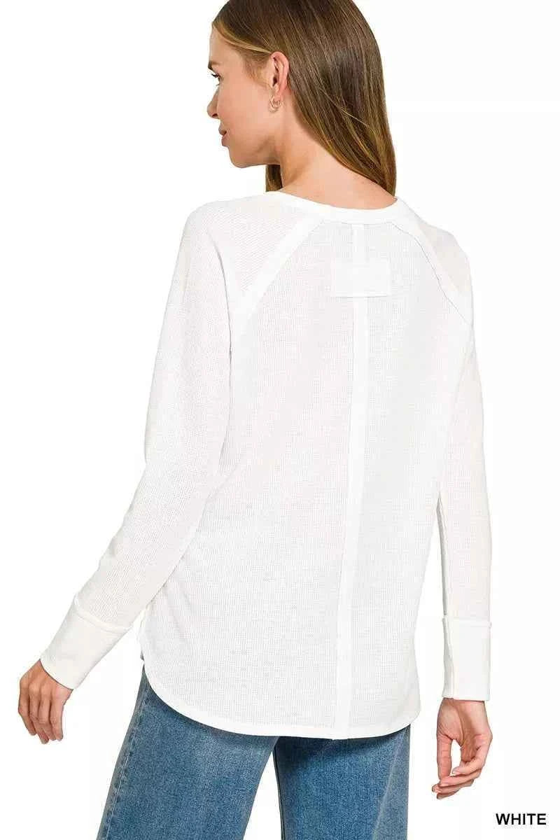 White Baby Waffle Long Sleeve Top by Zenana