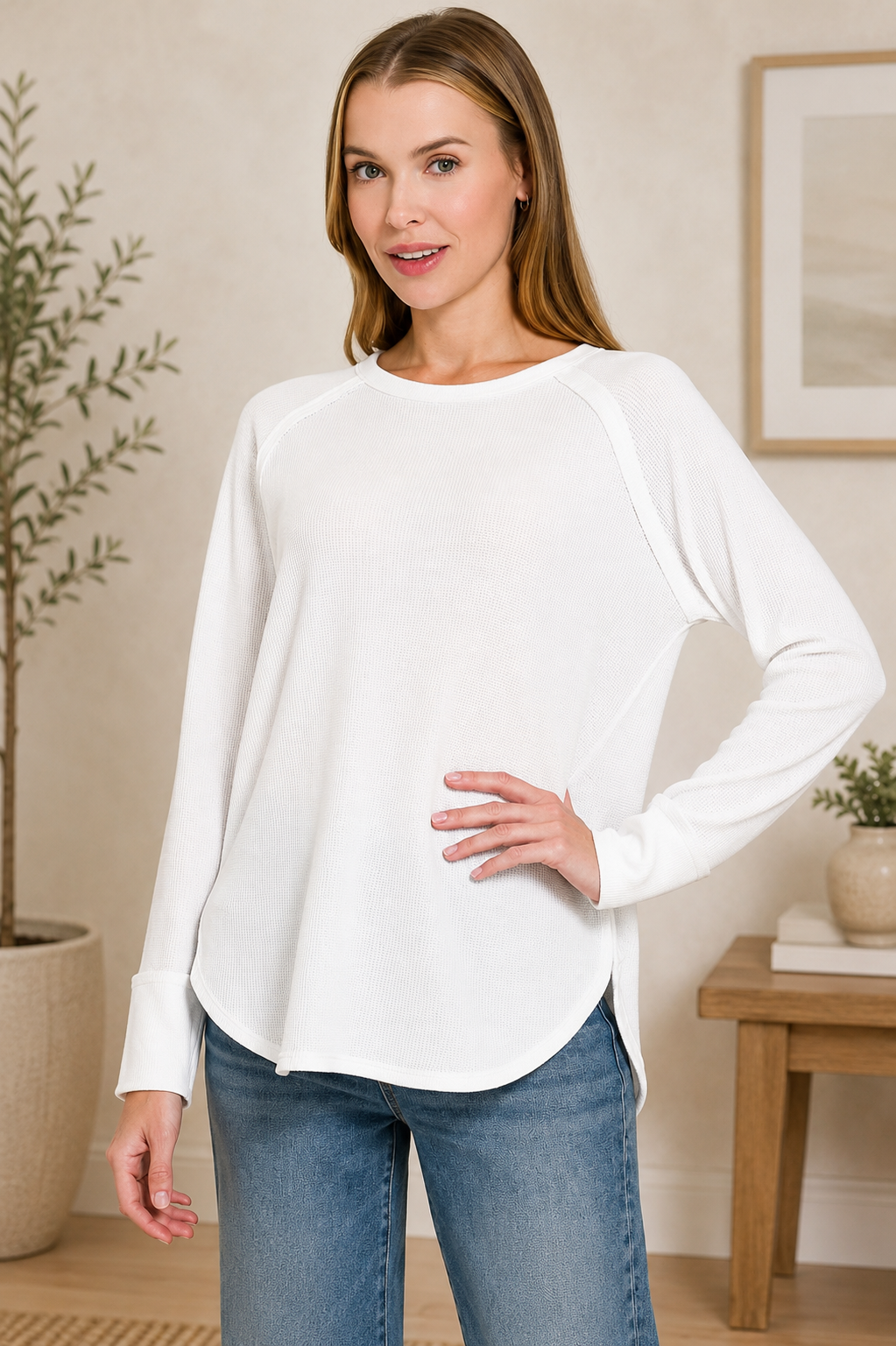 White Baby Waffle Long Sleeve Top by Zenana