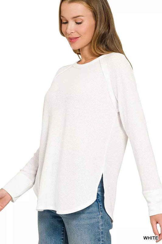 White Baby Waffle Long Sleeve Top by Zenana