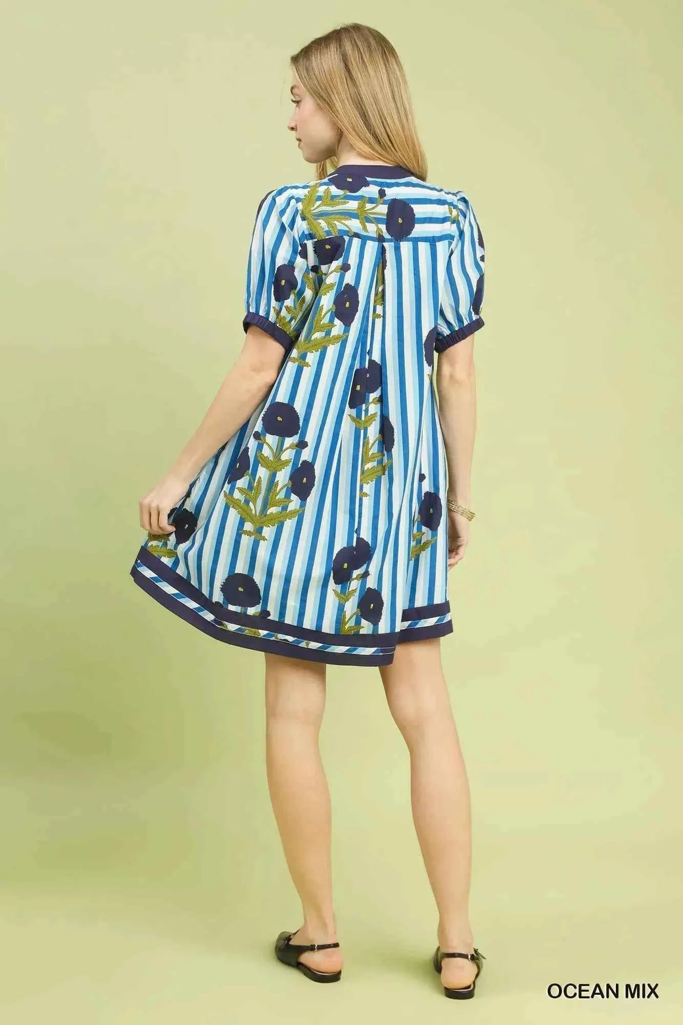 Ocean Blue Mix Floral Stripe Contrast Dress by Umgee