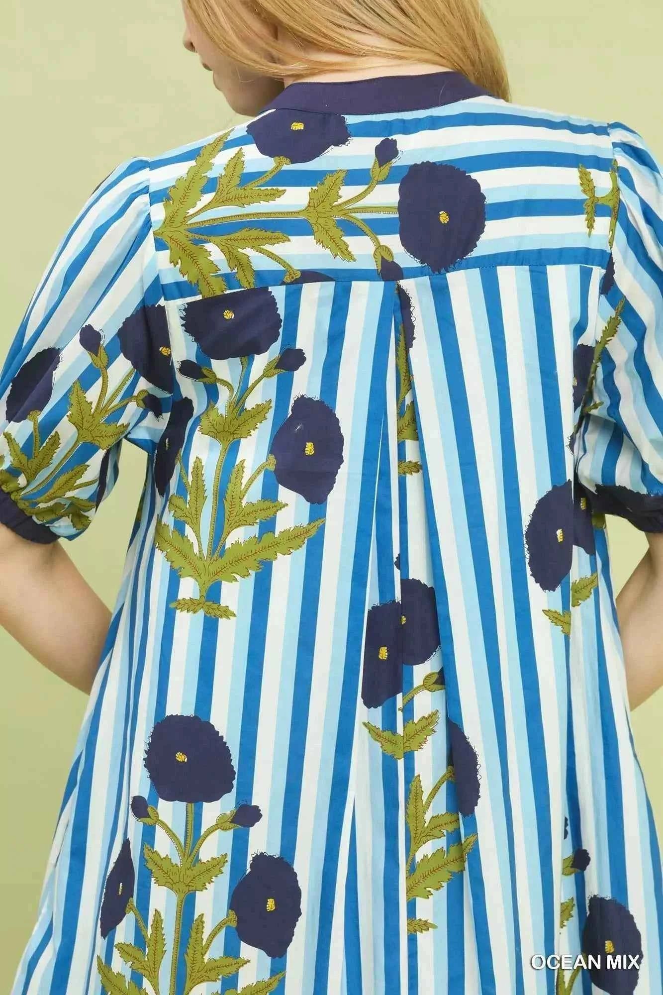 Ocean Blue Mix Floral Stripe Contrast Dress by Umgee