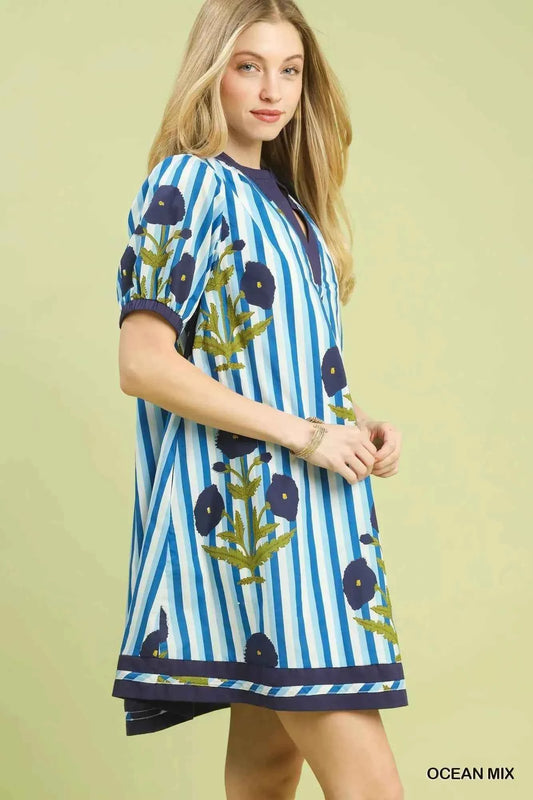 Ocean Blue Mix Floral Stripe Contrast Dress by Umgee