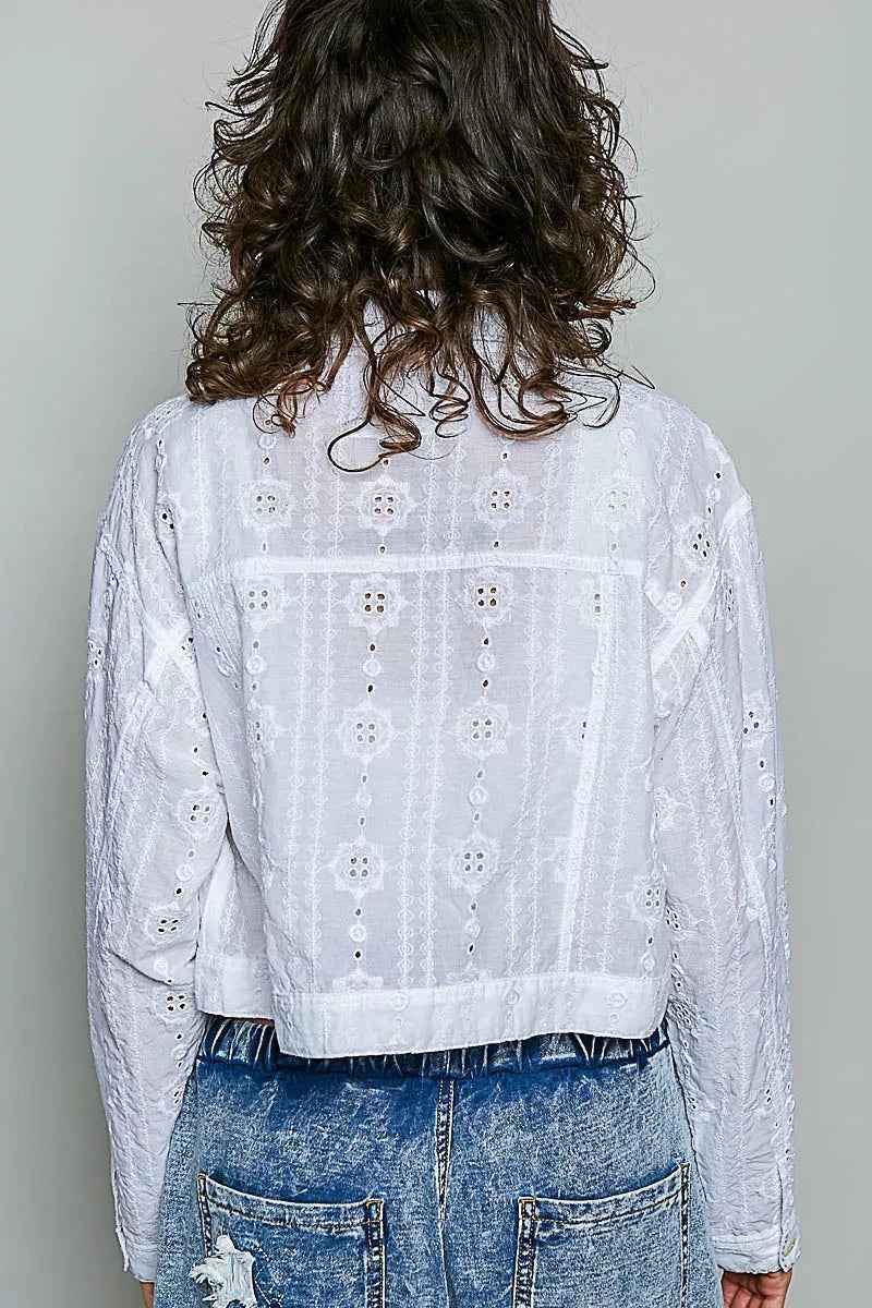 Off White Eyelet Textured Cotton Cropped Button Front Jacket by POL